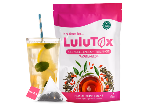 Lulutox Tea pouch and a glass of iced tea